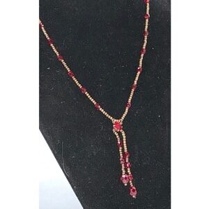 Vintage Red Crystal Beaded Y Necklace Gold Tone Dangle Drop Pendant Valentine